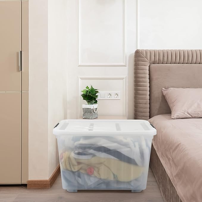 4-Pack Clear Large Plastic Storage Box with Wheels, 70 L Latching Storage Box