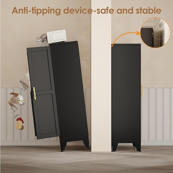 PAOFIN 47" Kitchen Pantry Cabinet, Metal Storage Cabinet with 3 Adjustable Layer Shelves, 8 Door Shelves, Buffet Sideboard for Living Room, Kitchen, Black