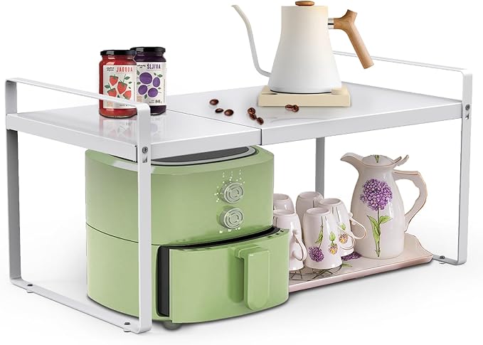 11'' Wide Expandable Cabinet Shelf Organizer Rack Adjustable Length 14''-26'' Pantry Shelf Spice Rack Heavy Duty Nonslip Kitchen Counter Storage Shelves Pantry Cupboard Under Sink Countertop, White