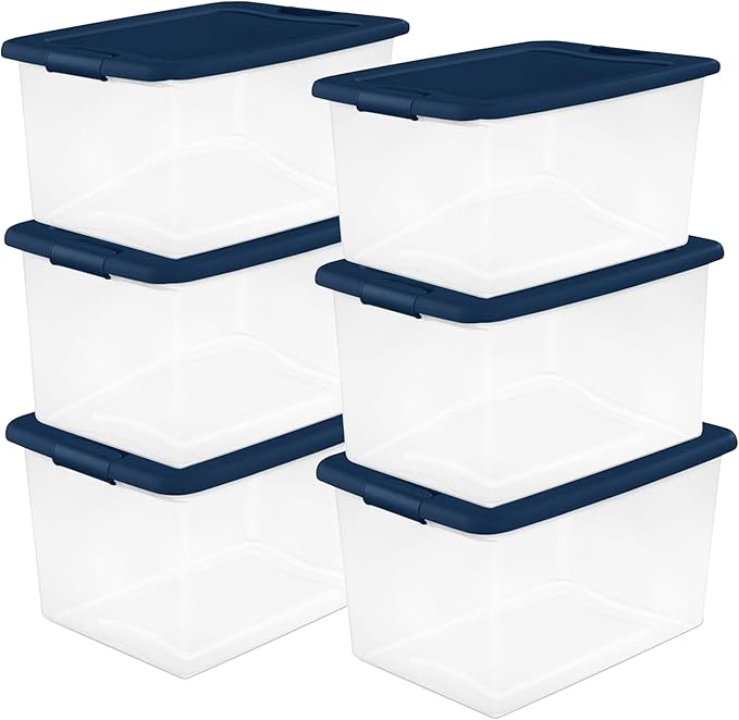 Sterilite 18-Pack Color Program, Large Clear Plastic Storage Bins with Lids, 64 Quart, Blue - Stackable Organizing Container Boxes for Closet, Bathroom, and Office
