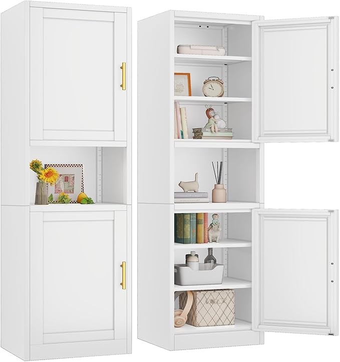 67" Tall Narrow Storage Cabinet Metal Bathroom Cabinet with 2 Doors & 4 Adjustable Shelves, Standing Pantry Cabinets Cupboard for Kitchen, Dining Room, Living Room and Bathroom (White)