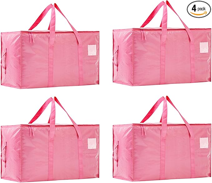 Moving Bags Heavy Duty Extra Large, Moving Boxes, Moving Supplies Essentials,Storage Bins with Lids, Plastic Packing Totes, Storage Bags for Clothes with Handles & Zippers(Pink, 4 Pack)