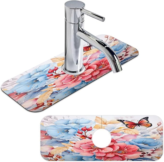 Pastel Flower Fusion Kitchen Faucet Mat Splash Guard, 15.4”x5.7” Absorbent Quick Drying Sink Mat for Countertop Protection, Draining Mat Sink Protectors For Kitchen Bathroom, 2 Pack