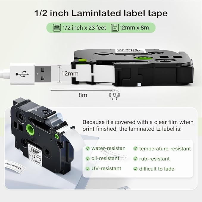 Label KINGDOM Aze-231 Refill Compatible with Brothr p Touch tze laminatied Label Maker Tape 12mm 1/2"(0.47") for ptouch Printer PTD210 PTD220 PTH110, 10 Pack