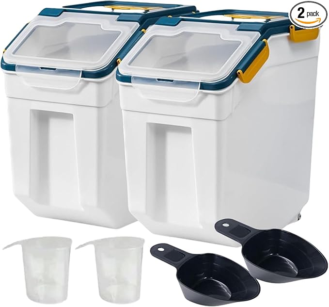 Saim Rice Storage Container 25lbs, 2 Pack Flour Bin with Measuring Cup & Scoop, BPA Free Rice Dispenser, Cereal & Dog Food Containers, Kitchen Organizer for Dry Beans, Oatmeal and Grains - Dark Blue