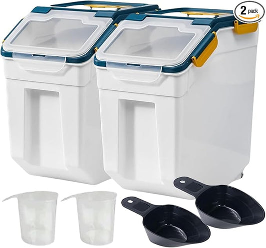 Saim Rice Storage Container 25lbs, 2 Pack Flour Bin with Measuring Cup & Scoop, BPA Free Rice Dispenser, Cereal & Dog Food Containers, Kitchen Organizer for Dry Beans, Oatmeal and Grains - Dark Blue