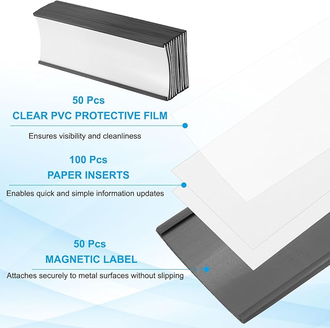 PATIKIL Magnetic Label Holder 5.5" x 2" with Paper Inserts, 50 Pcs C Channel Magnetic File Cabinet Labels Shelf Data Card Holder Signs for Metal Racks Shelves Whiteboard Tool Box