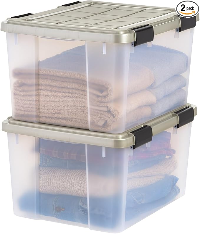 IRIS USA 44 Qt Storage Bins with Gasket Seal Lid, 2 Pack - BPA-Free, Heavy Duty Moving Containers Tight Latch, Weather Proof Tote, WEATHERPRO - Clear/Chrome