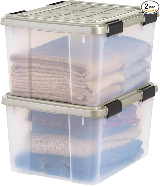 IRIS USA 44 Qt Storage Bins with Gasket Seal Lid, 2 Pack - BPA-Free, Heavy Duty Moving Containers Tight Latch, Weather Proof Tote, WEATHERPRO - Clear/Chrome