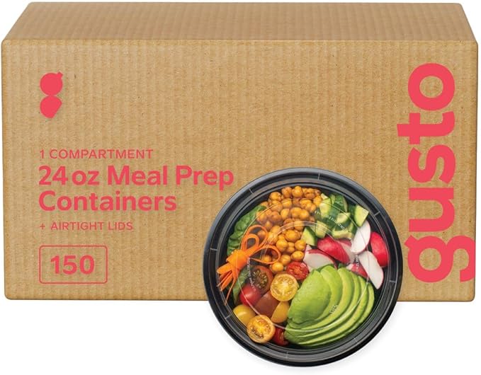 GUSTO [24 oz - Case of 150 Round Meal Prep Containers with Lids – Reusable, Microwaveable, Dishwasher & Freezer Safe, BPA-Free Food Storage Containers for Portion Control (Formerly Comfy Package)