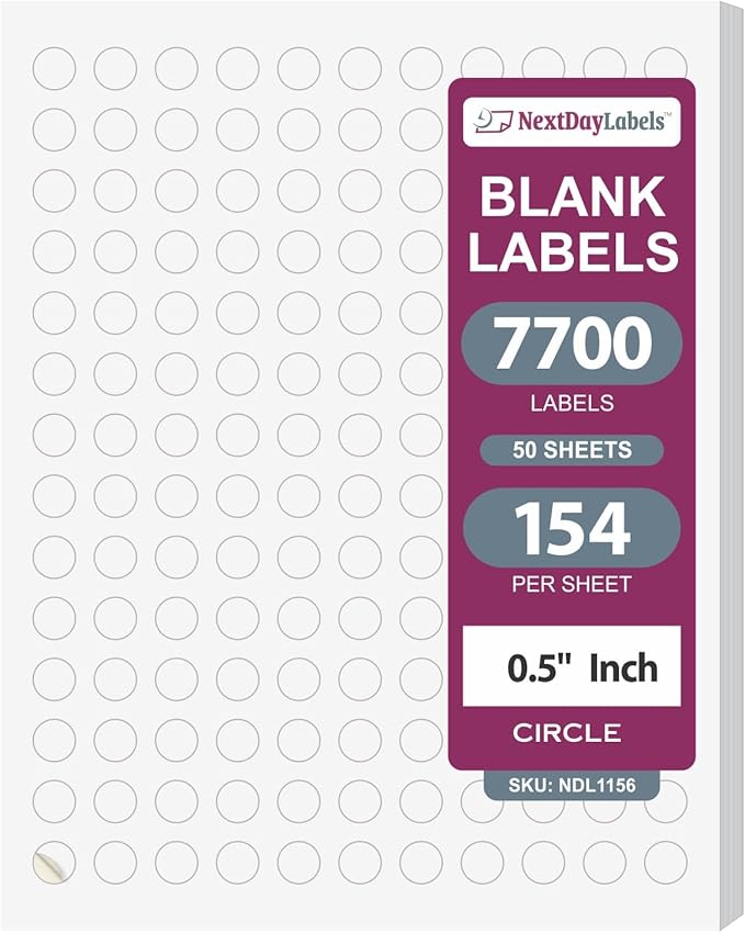 NextDayLabels 0.5 Inch Round Circle Stickers White Blank Labels for Laser Inkjet Printer - 154 Per Sheet Self-Adhesive Color Coding Made in USA - 7,700 Labels