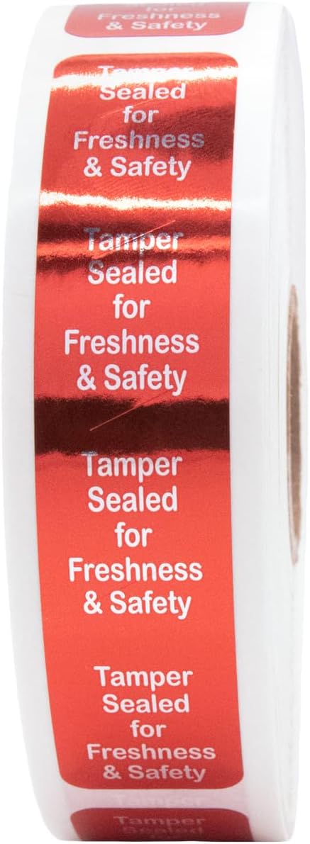 InStockLabels 500 Metallic Red Tamper-Evident Food Seal Stickers, Labels for Food Containers (0.75 Inches x 3.5 Inches)