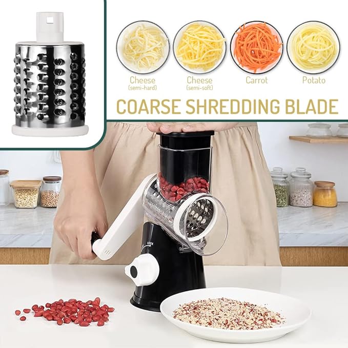 Maxceysen Rotary Cheese Grater with Handle Vegetable Shredder Round Kitchen Slicer Mandoline Grater for Vegetable, Nuts, Chocolate, Chesse, White, 3 Stainless Steel Blades