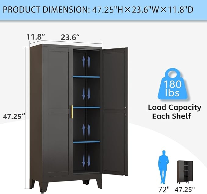 Metal Pantry Storage Cabinet, Kitchen Storage Cabinets with Adjustable Feet and Shelves, Pantry Cabinet for Kitchen, Living Room, Laundry Room and Dinning Room
