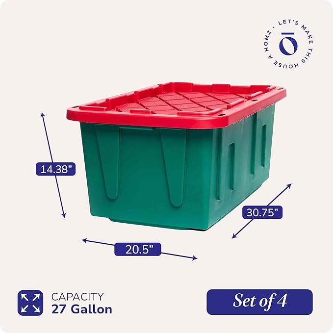 HOMZ 4-Pack Durabilt, Heavy Duty Plastic Storage Bins with Lids, 27 Gallon, Red/Green - Stackable Container Boxes for Holiday, Attic, and Garage Organization
