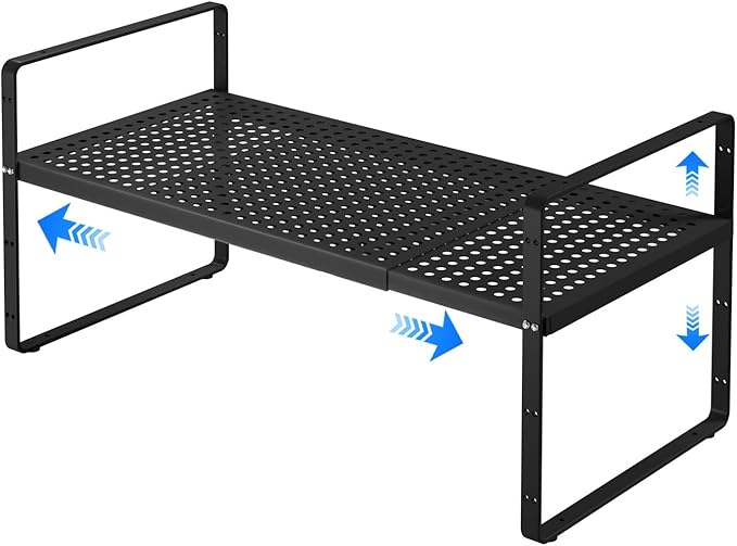KIKIBRO Expandable Cabinet Shelf Organizers, Kitchen Small Stand Rack Organization for Countertop Cupborad Pantry, Black 1 Pack