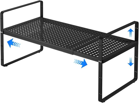 KIKIBRO Expandable Cabinet Shelf Organizers, Kitchen Small Stand Rack Organization for Countertop Cupborad Pantry, Black 1 Pack