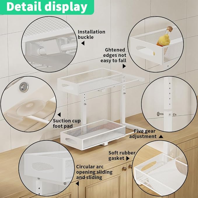 WROBTLD Under Sink Organizer, 2-Tier Pull Out Cabinet Organizer with Adjustable Height, Use in Kitchen Bathroom Cabinet and Countertop Storage, White