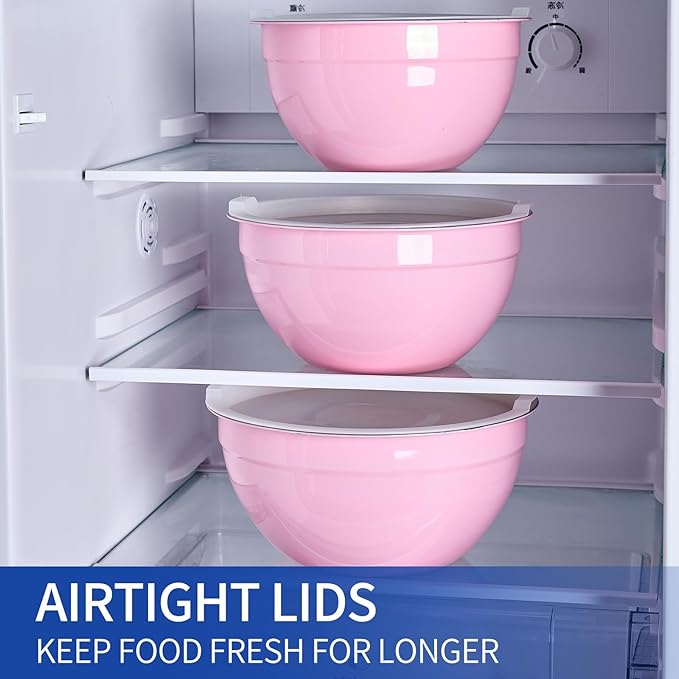 Onlycooker Pink Mixing Bowls With Airtight Lids,Stainless Steel Bowl,Salad Bowls 7 Piece Colorful Nesting Bowl Pink Kitchen Accessories,Size 7,3.6,2.7,2.1,1.5,1.1,0.8QT Stackable Design