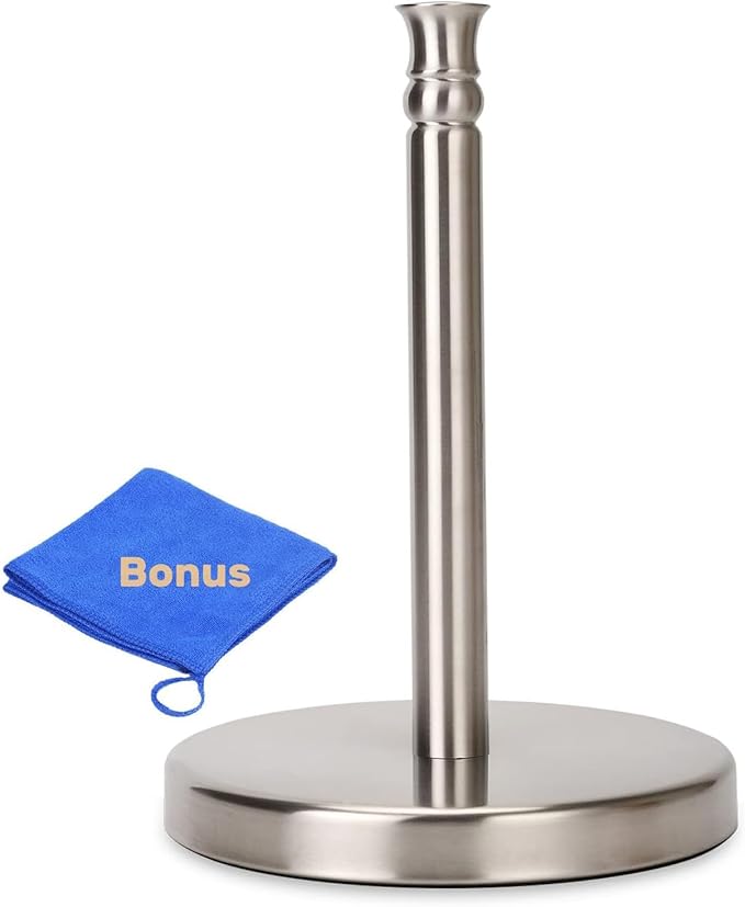 Sfemn Paper Towel Holder Countertop, Standing Paper Towel Roll Holder for Kitchen Bathroom, with Weighted Base for One-Handed Operation, No Wobbly (Brushed Nickel)