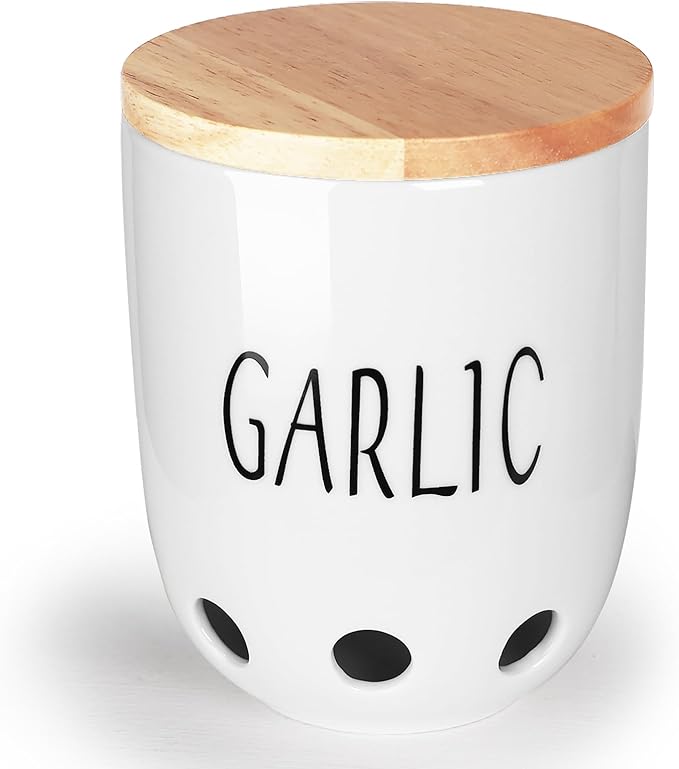 HAOTOP Ceramic Garlic Keeper for Counter, Garlic Saver Container with Wood Lid, Garlic Keeper for Kitchen, Garlic Holder to Keep Your Garlic Cloves Fresh Longer (White)