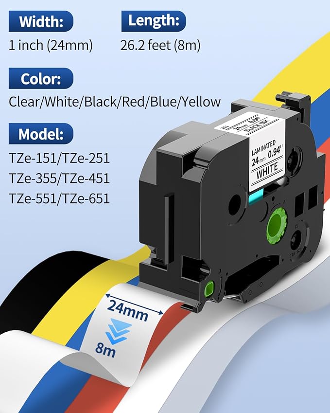 Replacement for Brother P Touch Label Maker Tape 1 Inch TZe TZ Tape 24mm 0.94 Laminated Multicolor, Compatible with PT-D600 PT-D610BT PT-P700 PT-P710BT, Clear/White/Red/Blue/Yellow/Black, 6-Pack
