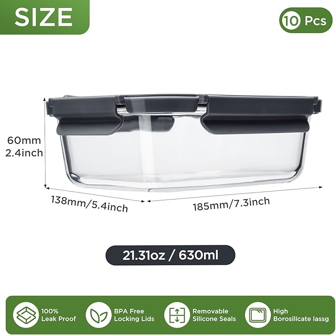 Spreccio Glass Food Storage Containers with Lids, 10 Pack of 21oz, Glass Meal Prep Container with Airtight Lids, Microwave Safe Food Container Set, BPA Free, LeakProof, Ideal for Lunch