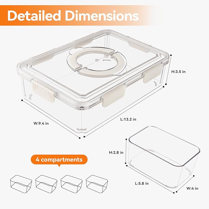 2PCS Divided Serving Tray with Lid & Handle, 4 Compartment Removable Snack Box, Kitchen Organizers and Storage, Snackle Box Container, BPA-Free Fruit Storage Container for Berry, Snack, Candy, Nuts…