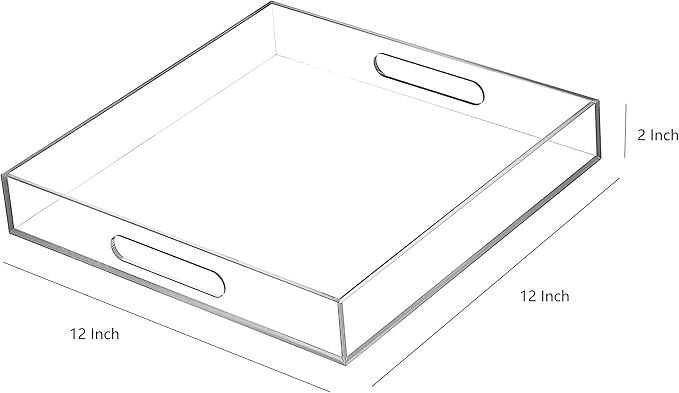 BEYLANG Clear Sturdy Acrylic Serving Tray with Handles-12x12 Inch-Serving Coffee,Appetizer,Breakfast,Butler-Kitchen Countertop Makeup Drawer Organizer-Vanity Table,Ottoman Tray