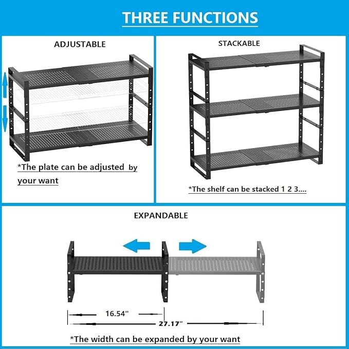 Wobmmi Expandable,Adjustable & Stackable Spice Rack, Cabinet Kitchen Countertop Shelf Organizer,Metal Pantry Storage Shelves - Space-Saving Storage Solution(1Pack/Black/Medium)