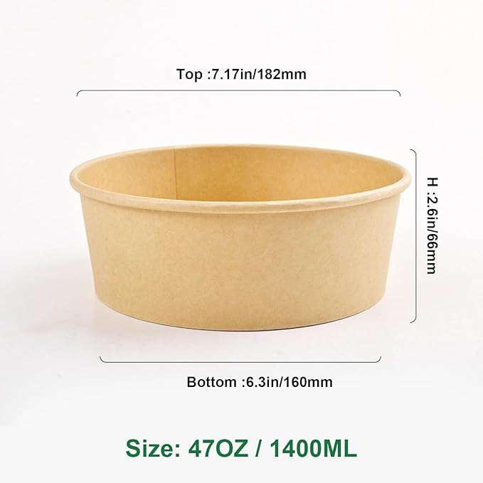 ganfaner 47 Oz Bulk Pack Disposable meal prep Round Paper Bowls with Lids,200 Sets Leakproof Microwave-Safe Deli Containers, Bulk Pack for Salad, Soup, Pho,Acai & Picnic, Sturdy for Food Toppings