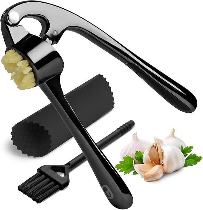 GD Black Garlic Press Crusher Mincer Tool - Premium Garlic Press smasher, Dishwasher Safe & Rust Proof, Easy-Squeeze Garlic Crusher with Ergonomic Handle - Includes Silicone Peeler & Brush (Black)