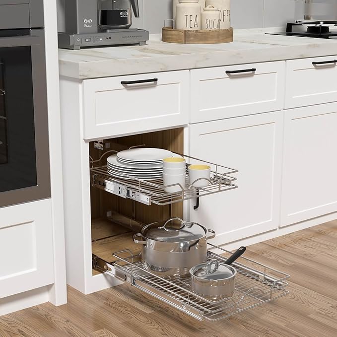 OCG 2 Tier Pull Out Cabinet Organizer (14" W x 21" D), Pull Out Drawers for Kitchen Cabinets, Pull Out Shelves for Base Cabinet Organization in Kitchen Bathroom Pantry, Chrome Finish