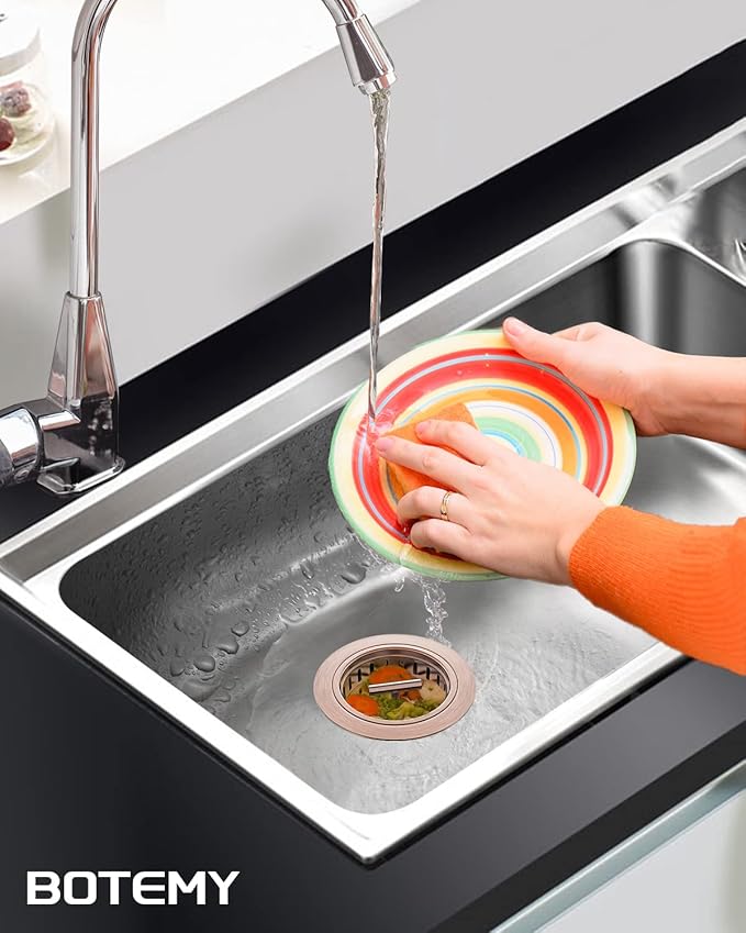 BOTEMY B9171 Copper Kitchen Sink Drain Kit 3 1/2 Sink Strainer for Kitchen Sink with Stainless Steel Strainer Stopper Drain Assembly Basket Strainer Fit Standard Sink Drain Hole(Antique Copper)
