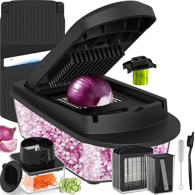 12 Blade All-in-1 Vegetable Chopper Mandoline Slicer with Container, Spiralizer with Containers, Food Chopper, Onion Chopper, Veggie Cutter for Salad, Kitchen Gadgets Accessories Essentials, Black
