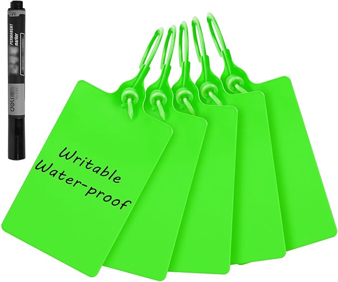 100 Plastic Label Tags Water Proof Tags for Labeling Shipping Tags Security Tamper Seals Hanging Tags Writable Marker Ties Luggage Tags Storage Tag with One Marker Pen (Green), 9.8*2.56in