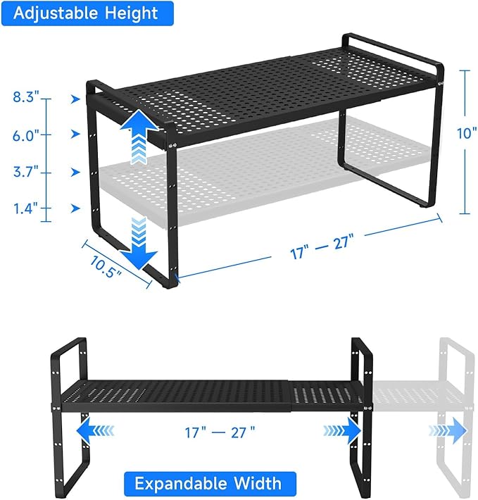 KIKIBRO Expandable Cabinet Shelf Organizers, Kitchen Small Stand Rack Organization for Countertop Cupborad Pantry, Black 1 Pack