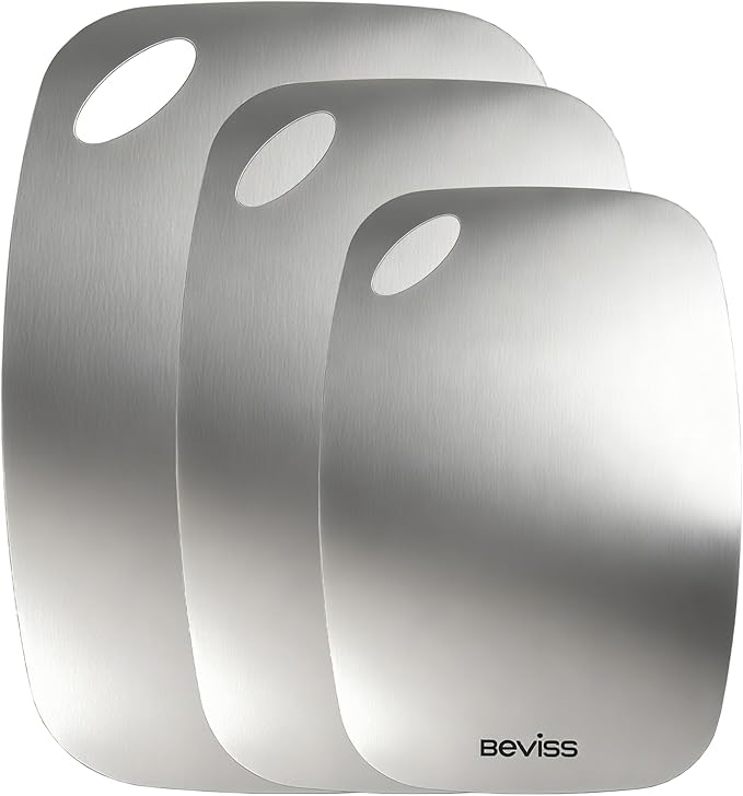 Beviss Cutting Board Set of 3, 100% Pure 18/8 Stainless Steel Cutting Board Double Sided, Chopping Board for Kitchen, Dishwasher Safe Chopping Board for Meat, Vegetables or Fruit, S+M+L