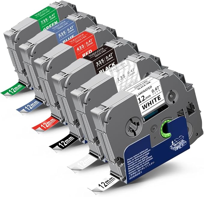 6-Pack Tz 12mm 0.47" Label Tape Compatible for Brother Tze135 Tze335 Tze435 Tze535 Tze735 P Touch Tze Label Tape 12mm 1/2" Laminated Multi-Color for PTD210 PTH110 PTD220 PTD400 PTD600 PT2040