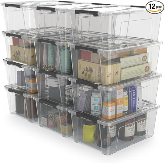 WYT 12 Pack Small 5-Quart Clear Plastic Storage Bins with Lids and Latch Buckles, Storage Organizer Container with Handle