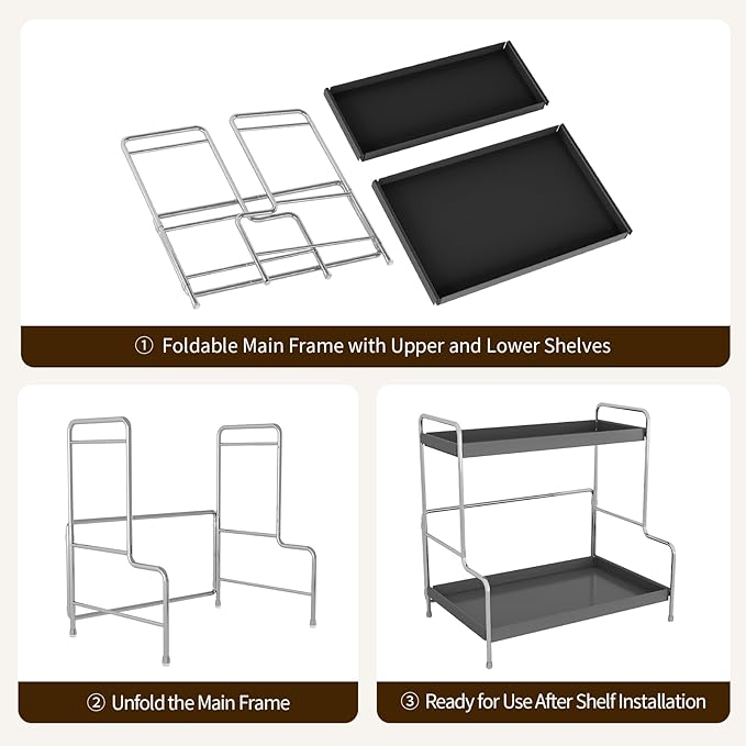 SanDream Foldable 2-Tier Bathroom Organizer Countertop & Vanity Shelf, Durable All-Iron Sink Organizer with Elegant Gray Finish, Space-Saving for Makeup, Skincare, Kitchen Storage