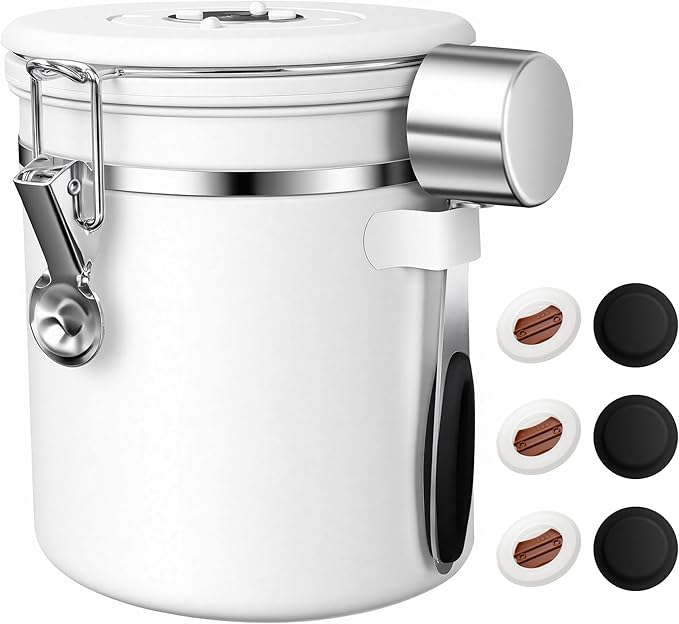 ShanSon Coffee Canister Airtight Coffee Container Stainless Steel Coffee Bean Storage Container with Scoop Coffee Canister for Beans Grounds Sugar Flour Tea Cereal,16OZ, White