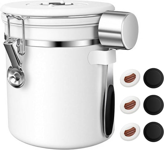 ShanSon Coffee Canister Airtight Coffee Container Stainless Steel Coffee Bean Storage Container with Scoop Coffee Canister for Beans Grounds Sugar Flour Tea Cereal,16OZ, White