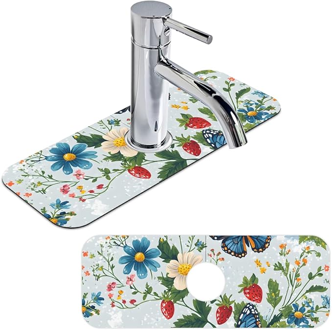 1 PC 15.4*5.7 Inch Absorbent Faucet Mat for Kitchen Butterfly Sink Splash Guard Fast Drying Kitchen Faucet Mat for Bathroom Kitchen