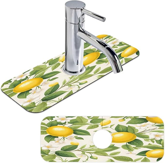 Lemon Blossom Pattern Kitchen Faucet Mat Splash Guard, 15.4”x5.7” Absorbent Quick Drying Sink Mat for Countertop Protection, Draining Mat Sink Protectors For Kitchen Bathroom, 2 Pack