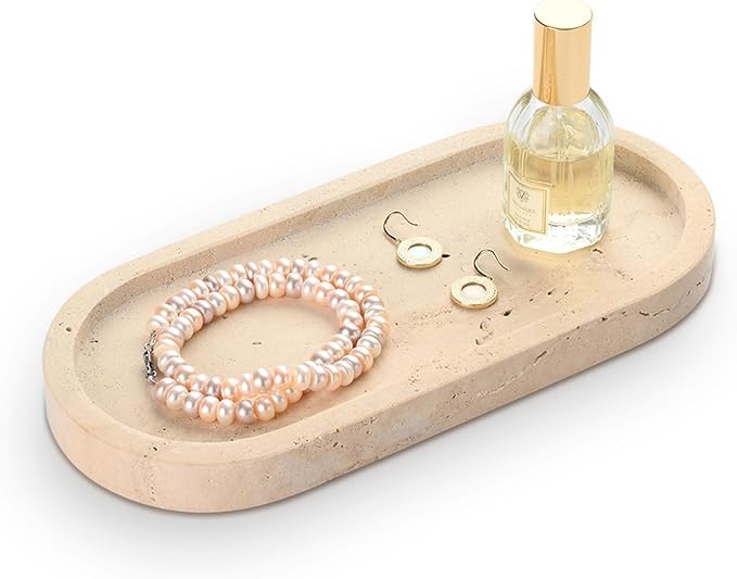 HAMAKAWA Bathroom Vanity Tray, Natural Marble Oval Sink Tray 10 inch, Beige Travertine Vanity Tray for Soap Dispenser Modern Countertop Organizer for Kitchen Countertops, Home Decor