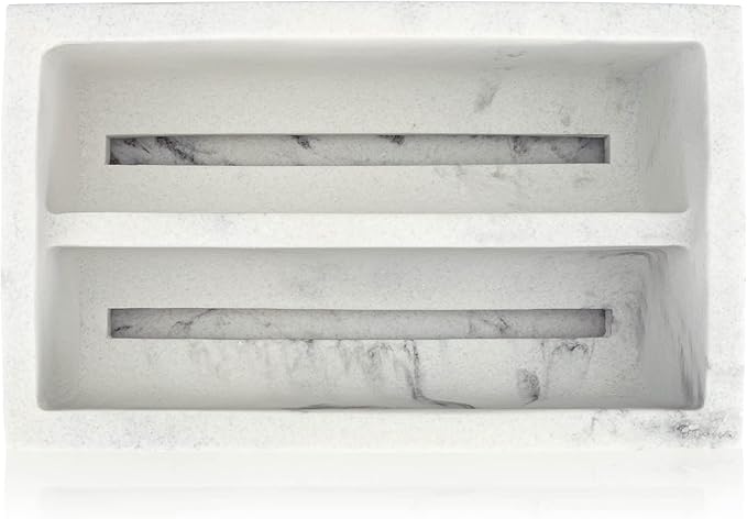 Essentra Home White Marble Kitchen Sponge Holder, Modern Kitchen Sink Caddy with Drain Tray