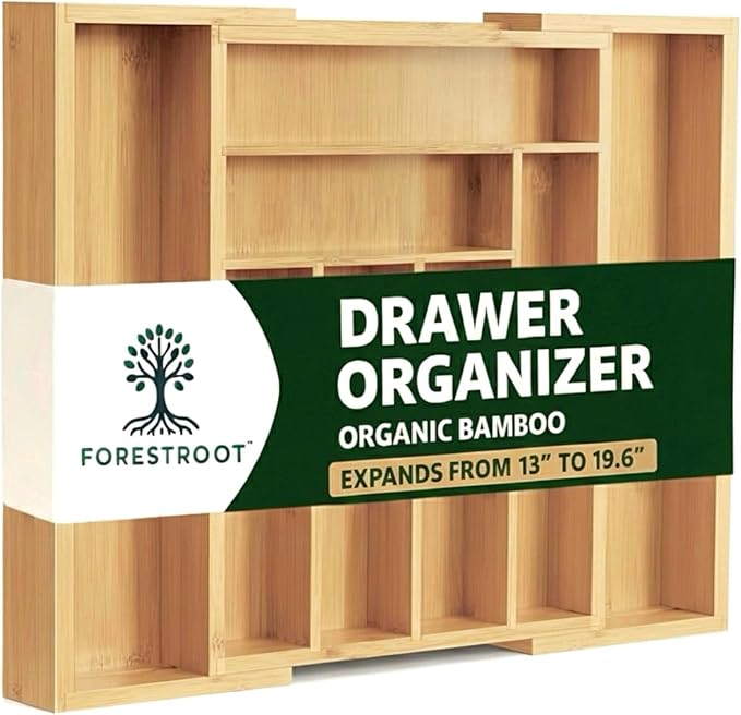 Forestroot Bamboo Drawer Organizer, Expandable 8-Slot Silverware & Utensil Tray for Kitchen Drawers, Fits 13–19.5 Inch Drawers, Deep Compartments, Durable & Eco-Friendly Natural Bamboo