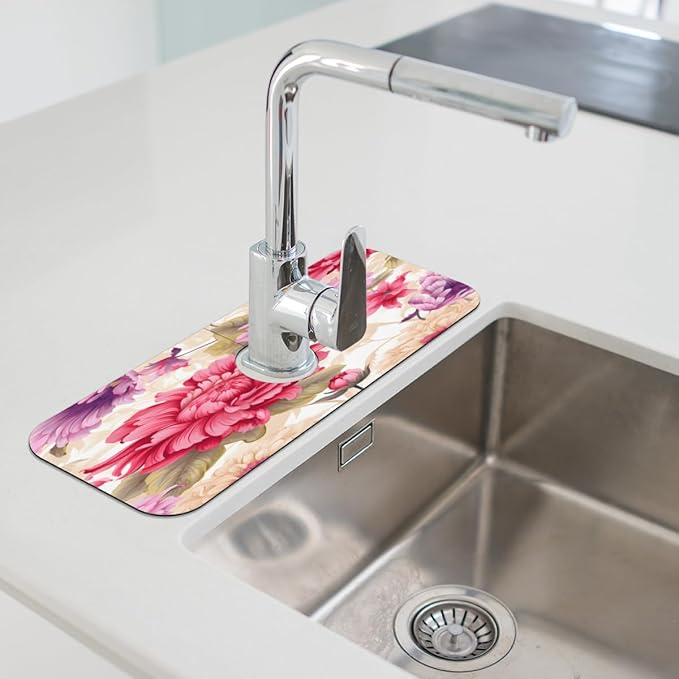 Floral Symphony In Cream Kitchen Faucet Mat Splash Guard, 15.4”x5.7” Absorbent Quick Drying Sink Mat for Countertop Protection, Draining Mat Sink Protectors For Kitchen Bathroom, 1 Pack