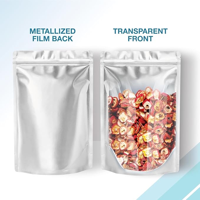 BELLE KR® 7x10 Quart Mylar Bags for Food Storage - Pack Of 300-7.5mil Thick - Gusseted Bottom - Clear Mylar Bags with See Through Window for Freeze Drying food - Labels Included